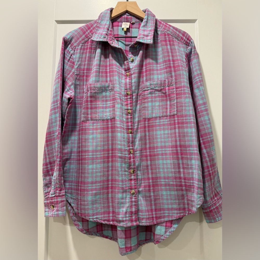 Seen Worn Kept Plaid Button Down Shirt Women’s 8 Pink Teal
